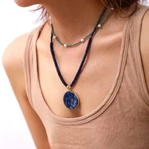 Lapis Lazuli Beaded Necklace with Water Drop Pendant